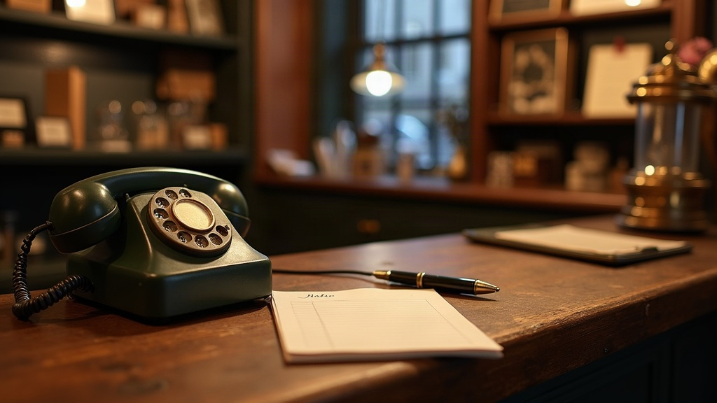 Photograph of an old-fashioned shop counter with a corded telephone sitting beside a paper order pad and a pen.