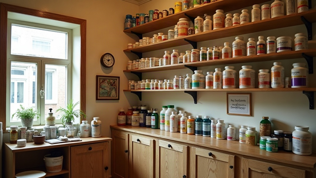 Photograph of the inside of a small family health-food shop: wooden shelves stacked with plain unlabelled bottles, cream painted walls, and daylight coming in through the front window.