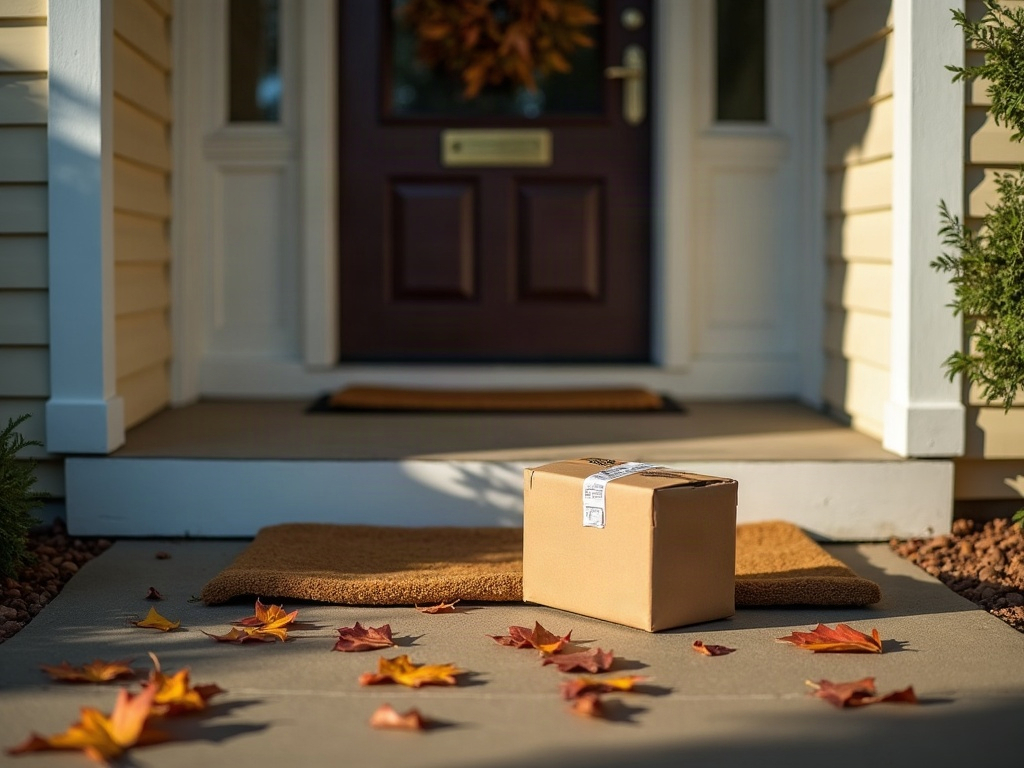 Photograph of a small brown parcel sitting on the doorstep of a suburban house in the morning light.