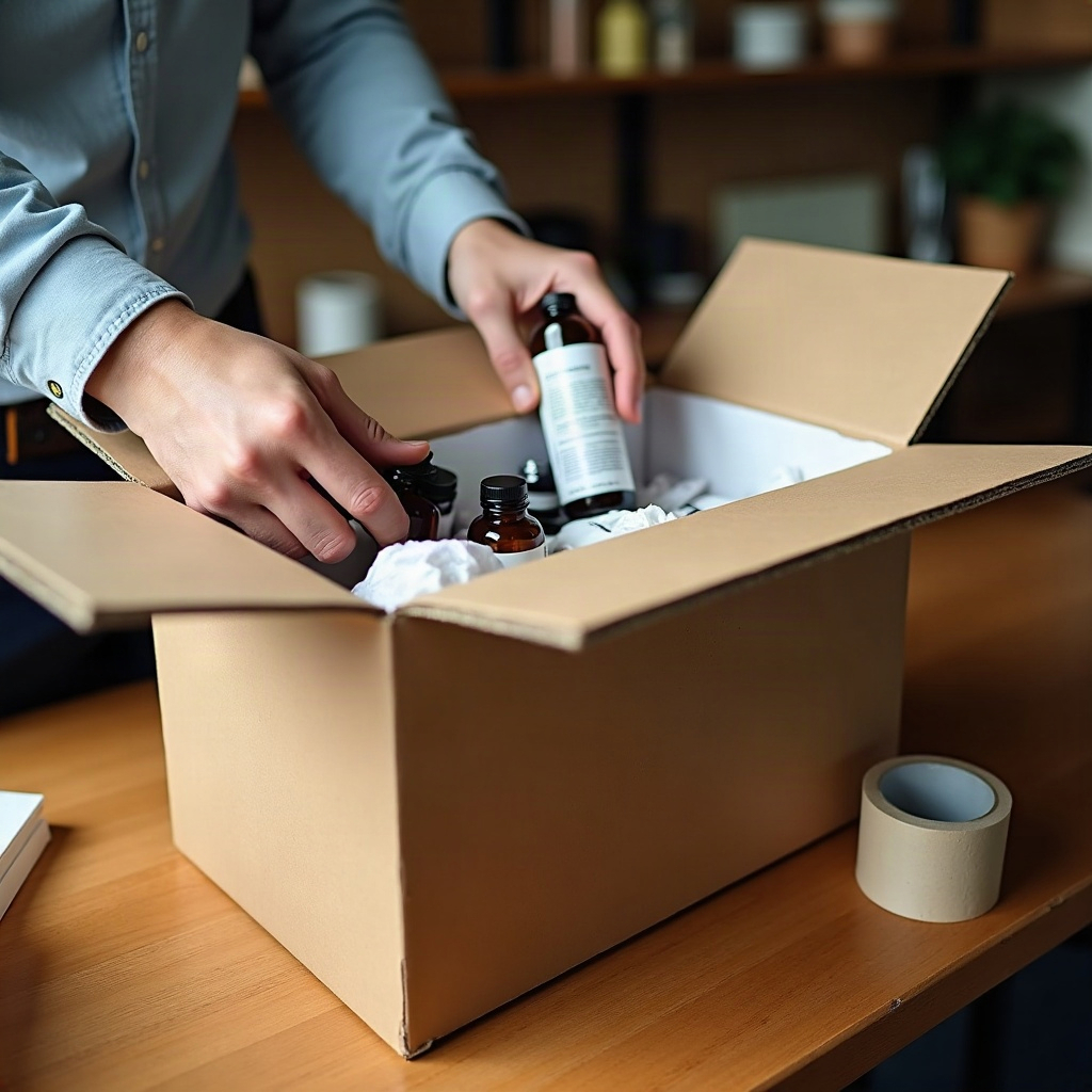 Photograph of a person's hands packing plain bottles and tissue paper into an open cardboard box on a wooden counter, a roll of paper tape beside it. No face is in the frame.